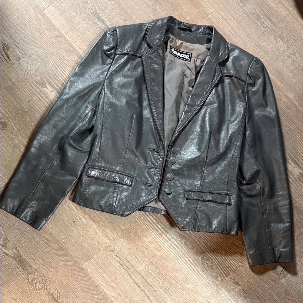 Vintage Charcoal Gray Leather Blazer w Burgundy Piping Trim